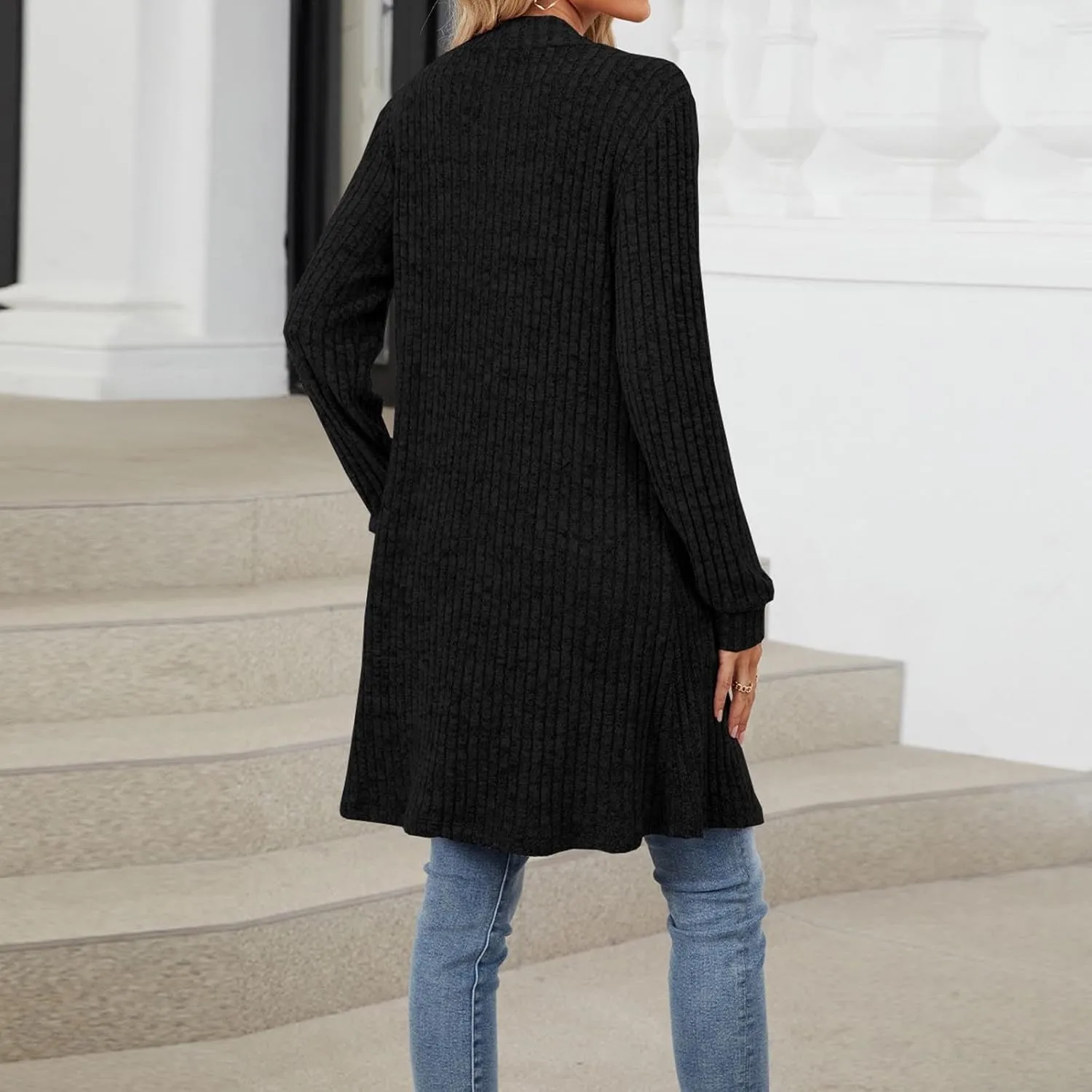 Womens Fall Long Cardigan Lightweight Soft Ribbed Knit Open Front Cardigan Sweaters Long Sleeve Coat Outwear
