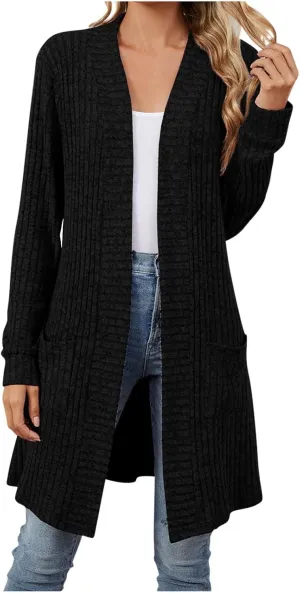 Womens Fall Long Cardigan Lightweight Soft Ribbed Knit Open Front Cardigan Sweaters Long Sleeve Coat Outwear
