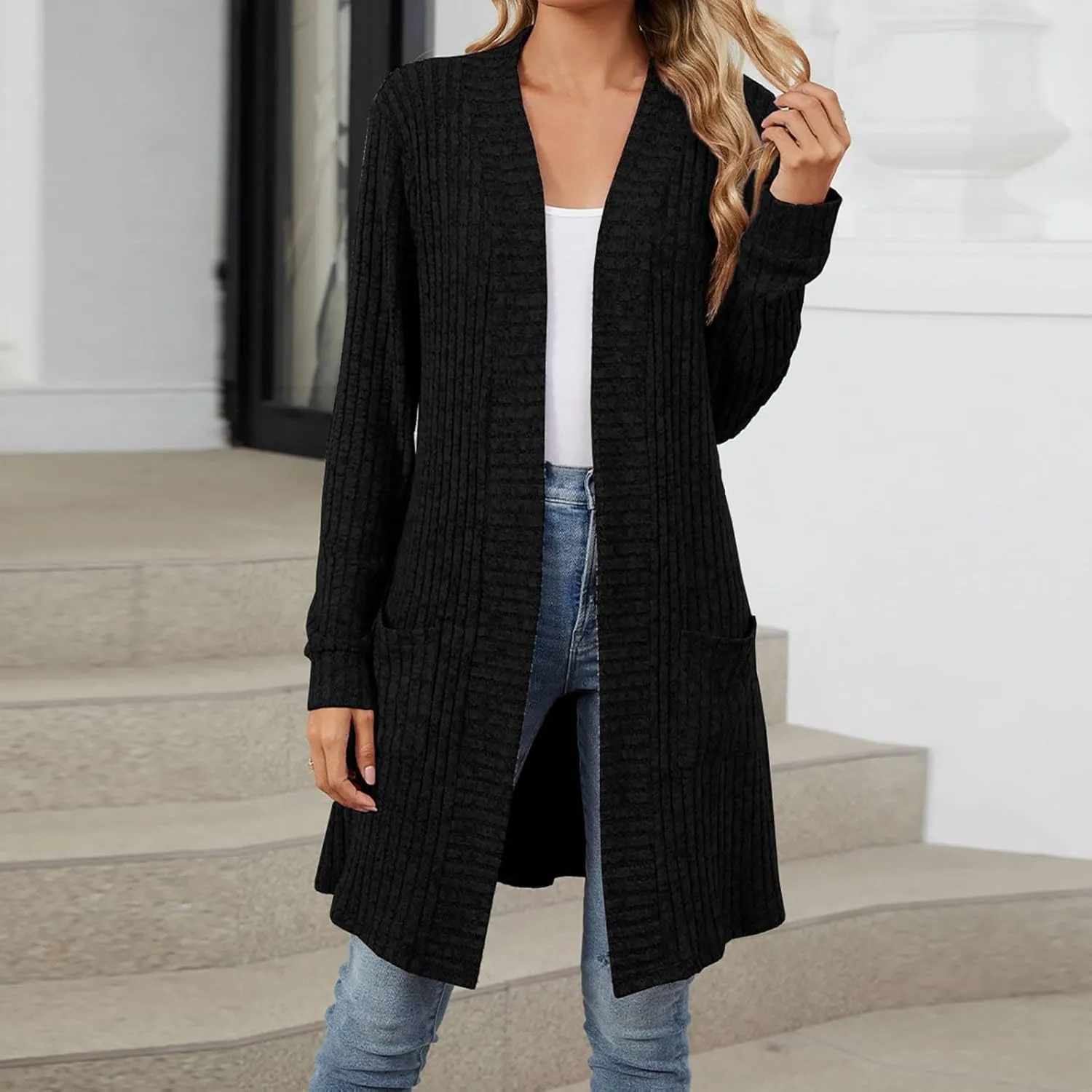 Womens Fall Long Cardigan Lightweight Soft Ribbed Knit Open Front Cardigan Sweaters Long Sleeve Coat Outwear