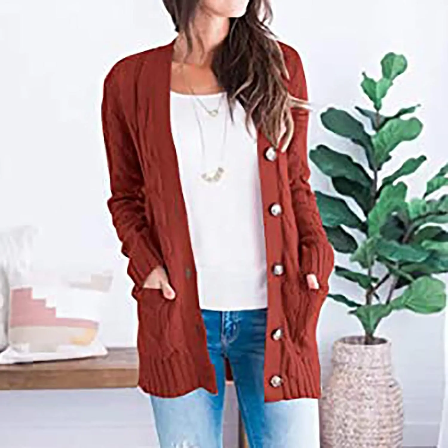 Womens Fall Open Front Cardigan Sweaters Button Up Long Sleeve Coats Cable Knit Sweaters Cardigans Chunky Outerwears