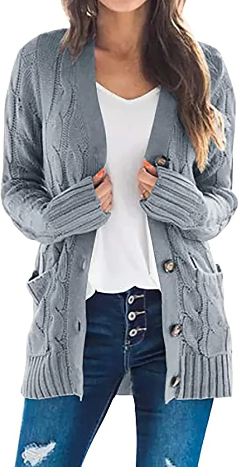 Womens Fall Open Front Cardigan Sweaters Button Up Long Sleeve Coats Cable Knit Sweaters Cardigans Chunky Outerwears