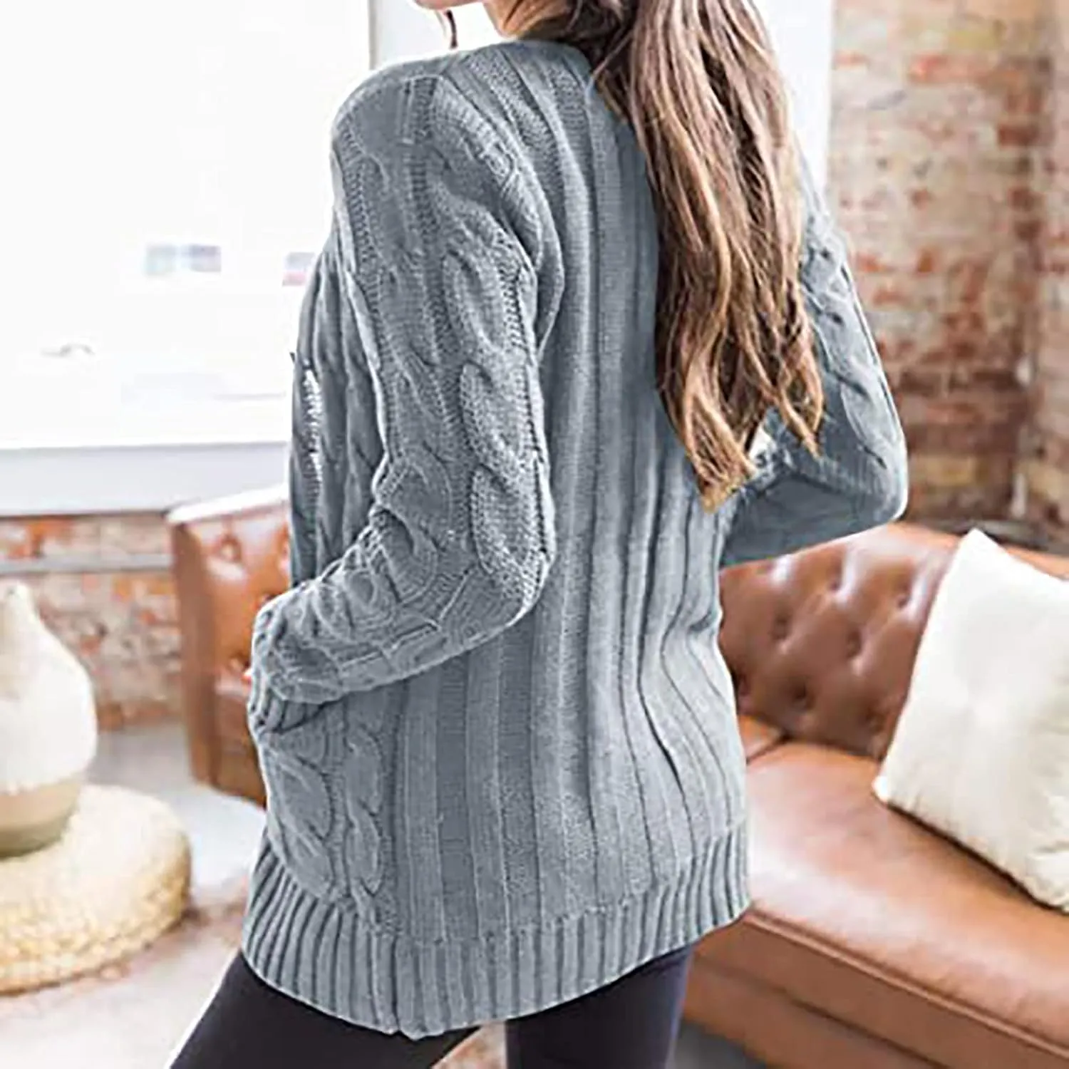 Womens Fall Open Front Cardigan Sweaters Button Up Long Sleeve Coats Cable Knit Sweaters Cardigans Chunky Outerwears