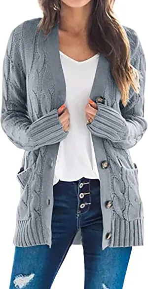 Womens Fall Open Front Cardigan Sweaters Button Up Long Sleeve Coats Cable Knit Sweaters Cardigans Chunky Outerwears