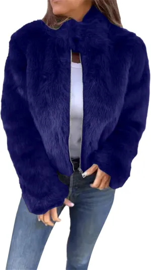 Women's Fashion Cropped Faux Fur Jacket Shaggy Warm Open Front Cardigan Coat Casual Long Sleeve Fluffy Outerwear