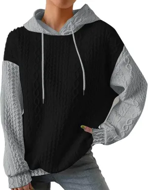 Women's Fashion Hoodies Textured Embroidered Long Sleeve Loose Fit Pullover Sweatshirts Casual Drawstring Hooded Tops