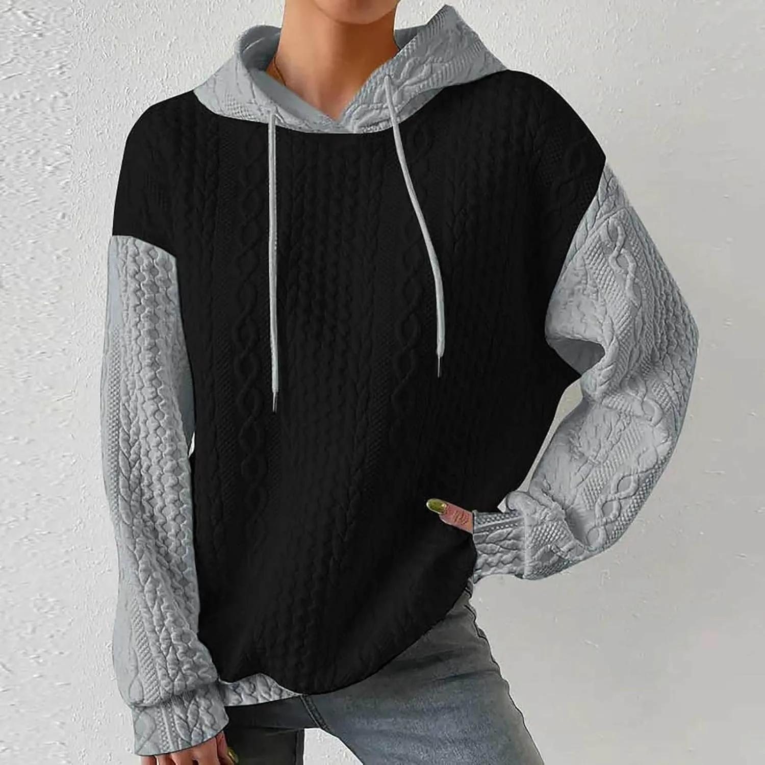 Women's Fashion Hoodies Textured Embroidered Long Sleeve Loose Fit Pullover Sweatshirts Casual Drawstring Hooded Tops