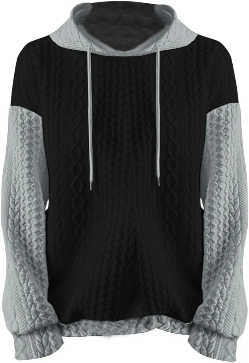 Women's Fashion Hoodies Textured Embroidered Long Sleeve Loose Fit Pullover Sweatshirts Casual Drawstring Hooded Tops