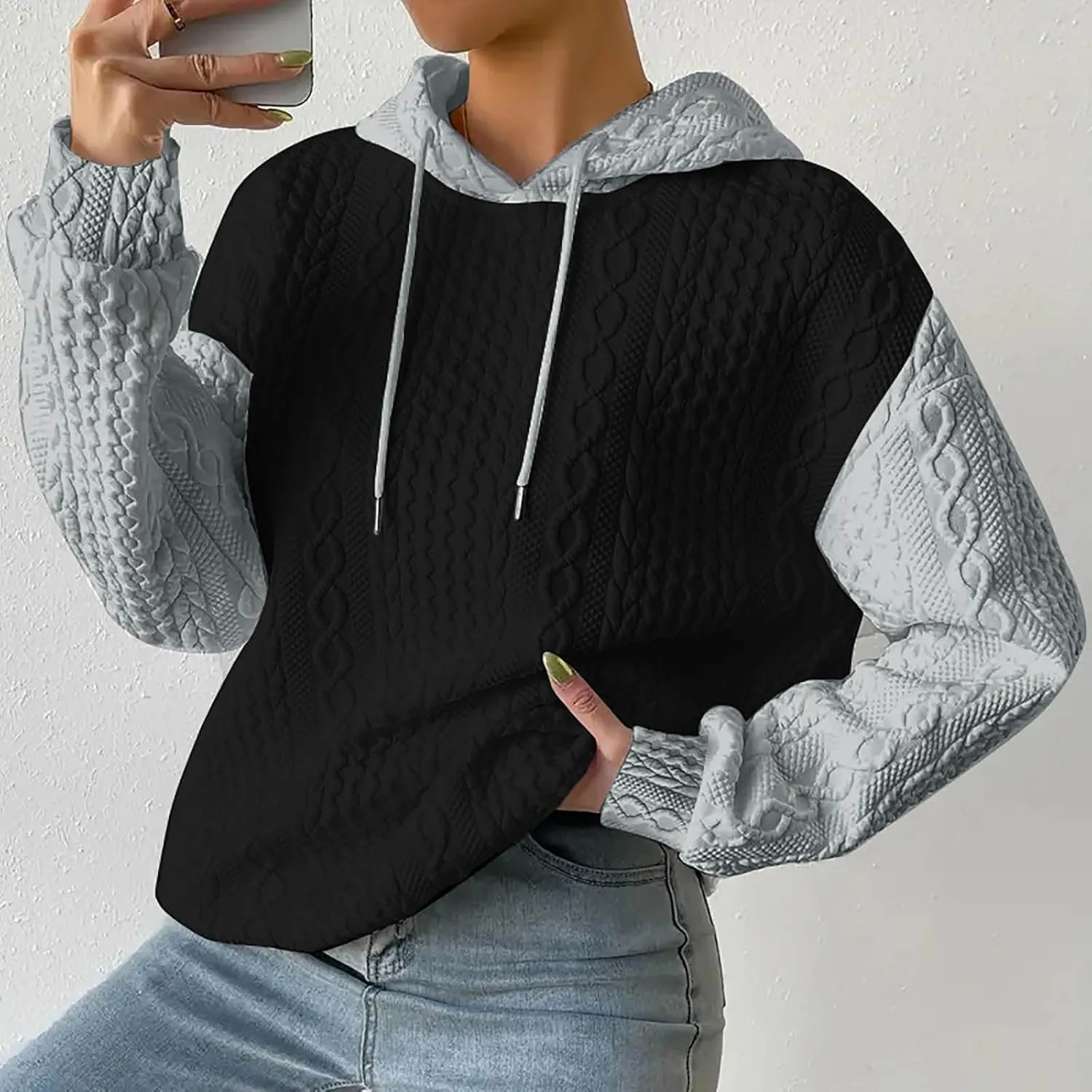 Women's Fashion Hoodies Textured Embroidered Long Sleeve Loose Fit Pullover Sweatshirts Casual Drawstring Hooded Tops