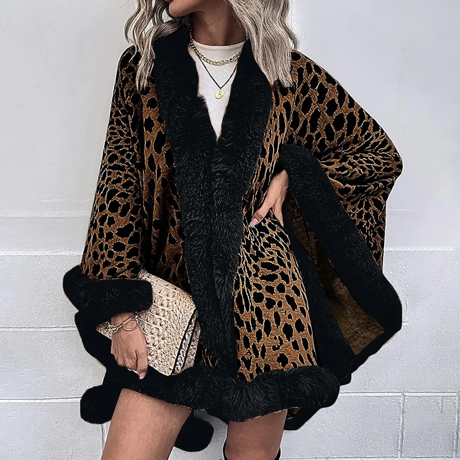 Women's Faux Fur Collar Cardigan Sweater Elegant Batwing Long Sleeve Knit Cape Tassel Shawl Open Front Outerwear Cloak