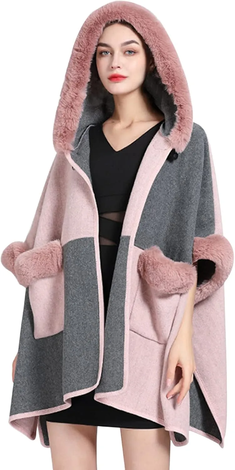 Women's Faux Fur Collar Cardigan Sweater Elegant Batwing Long Sleeve Knit Cape Tassel Shawl Open Front Outerwear Cloak