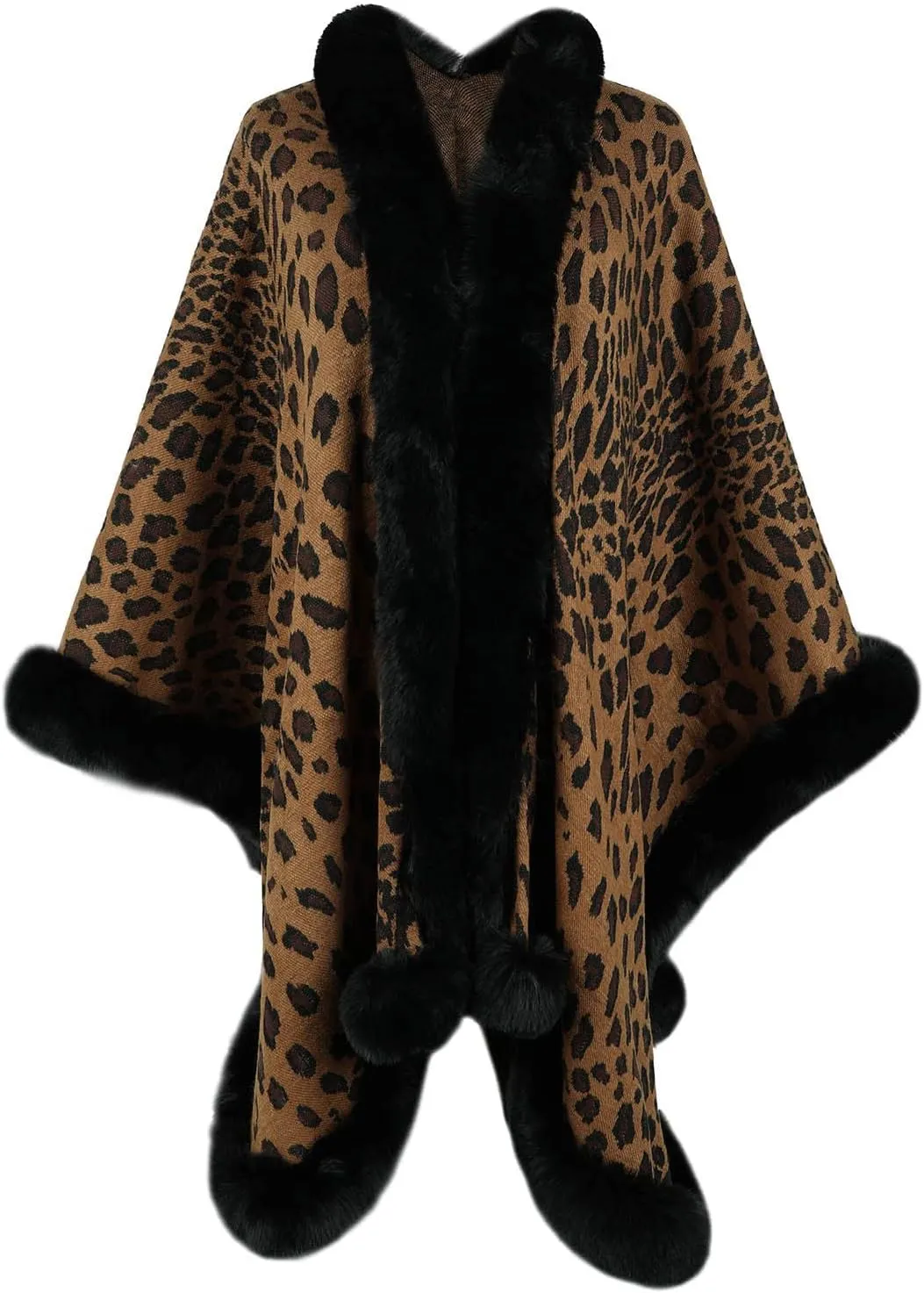 Women's Faux Fur Collar Cardigan Sweater Elegant Batwing Long Sleeve Knit Cape Tassel Shawl Open Front Outerwear Cloak