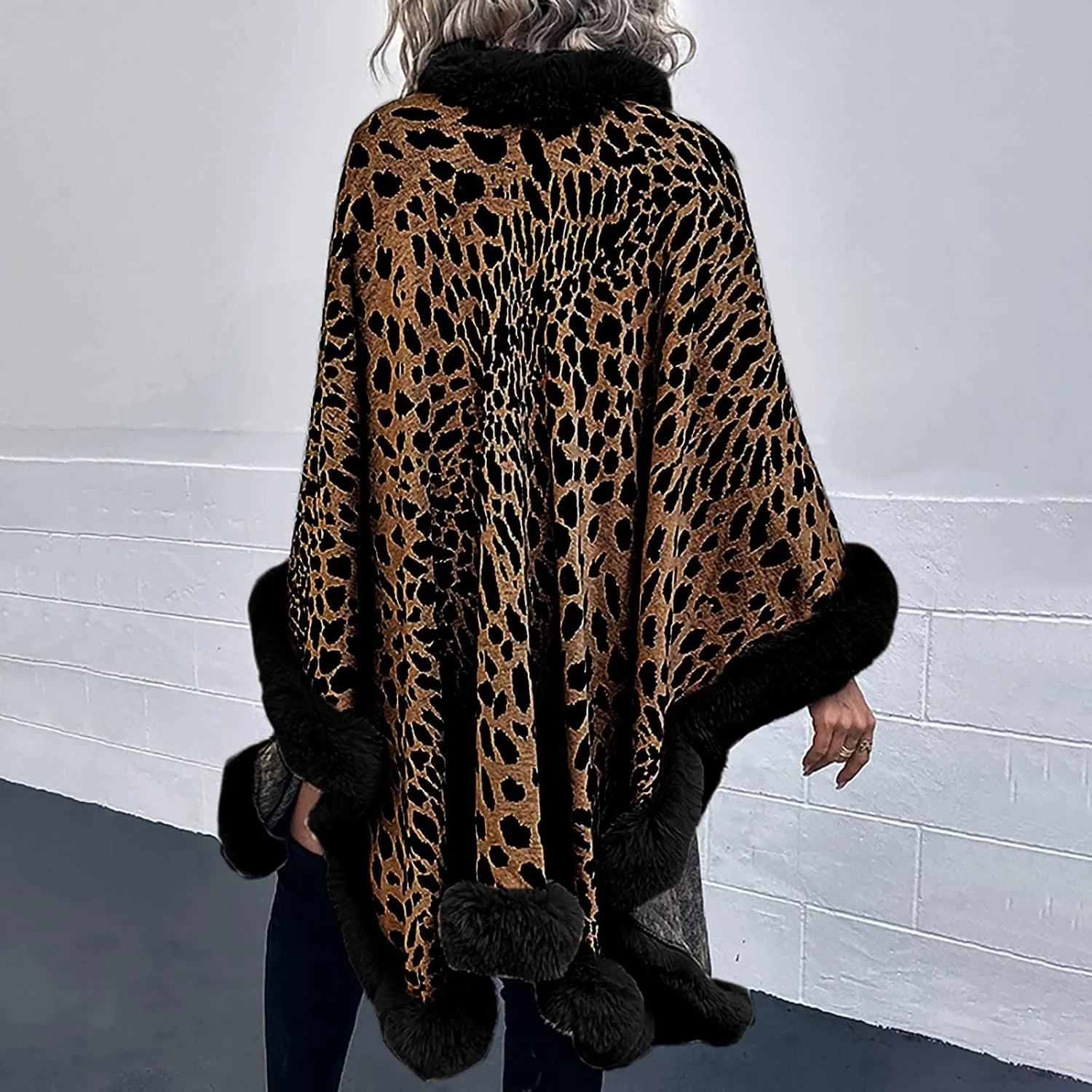 Women's Faux Fur Collar Cardigan Sweater Elegant Batwing Long Sleeve Knit Cape Tassel Shawl Open Front Outerwear Cloak