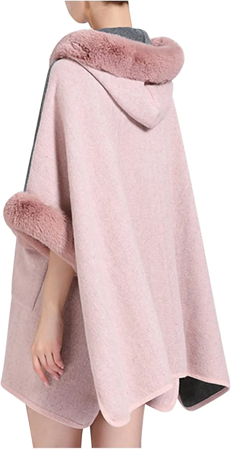 Women's Faux Fur Collar Cardigan Sweater Elegant Batwing Long Sleeve Knit Cape Tassel Shawl Open Front Outerwear Cloak