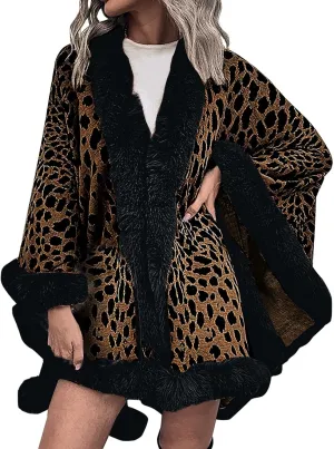 Women's Faux Fur Collar Cardigan Sweater Elegant Batwing Long Sleeve Knit Cape Tassel Shawl Open Front Outerwear Cloak