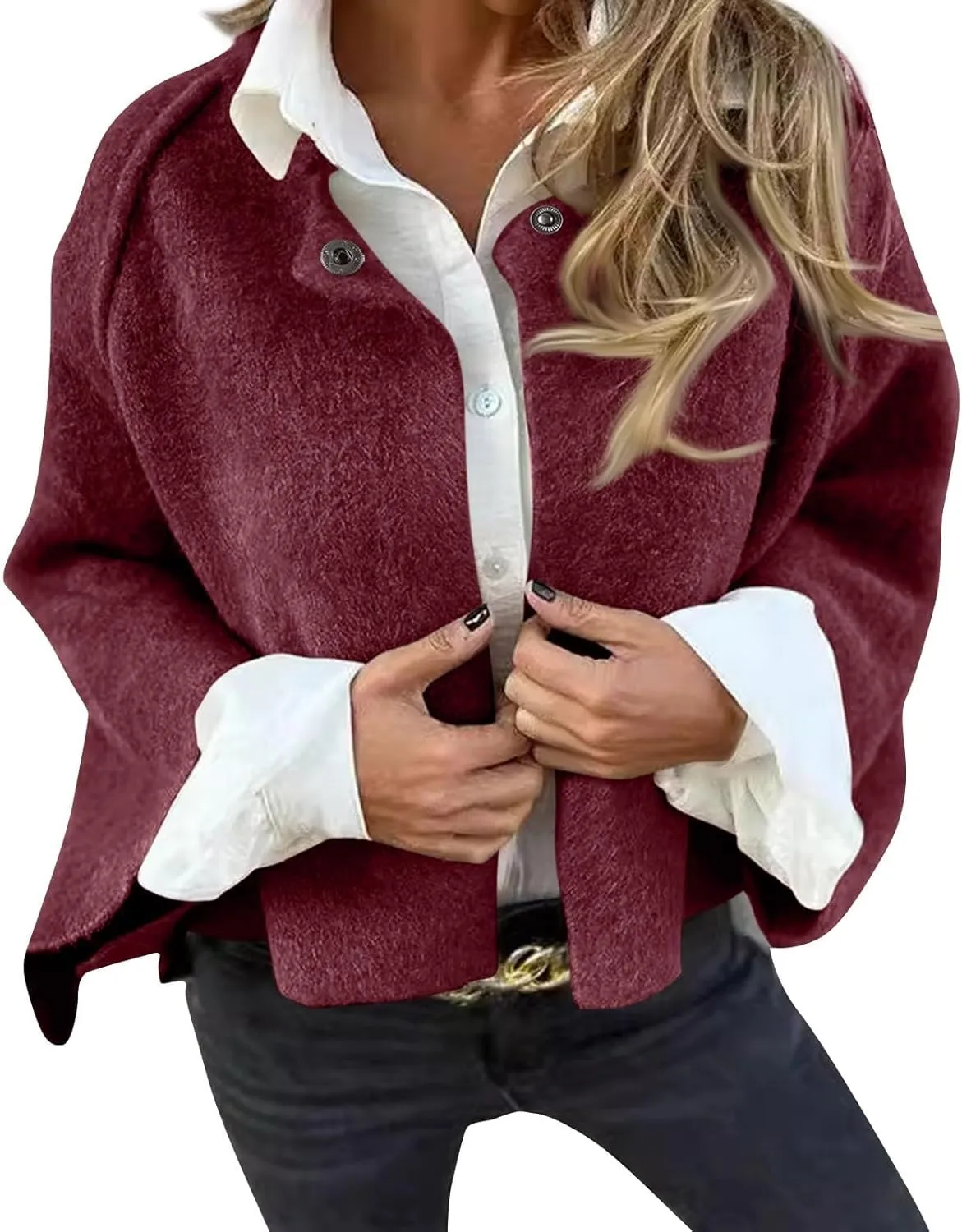 Womens Fleece Coat Cropped Wool Blend Pea Coat Cape Open Front Cardigan Lapel Button Down Jacket