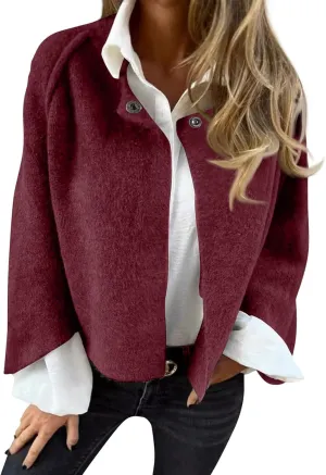 Womens Fleece Coat Cropped Wool Blend Pea Coat Cape Open Front Cardigan Lapel Button Down Jacket