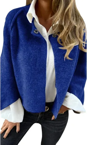 Womens Fleece Coat Cropped Wool Blend Pea Coat Cape Open Front Cardigan Lapel Button Down Jacket