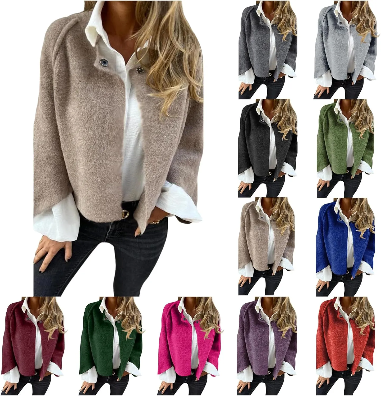 Womens Fleece Coat Cropped Wool Blend Pea Coat Cape Open Front Cardigan Lapel Button Down Jacket