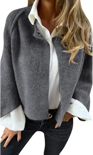 Womens Fleece Coat Cropped Wool Blend Pea Coat Cape Open Front Cardigan Lapel Button Down Jacket