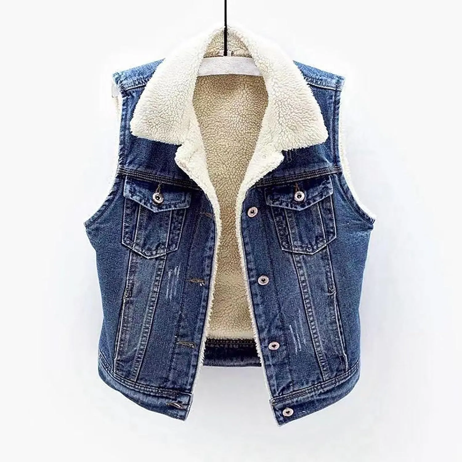 Womens Fleece Warm Jean Vest Button Down Sleeveless Fashion Jackets Sherpa Lined Teen Girls Trendy Soft Vest Jackets