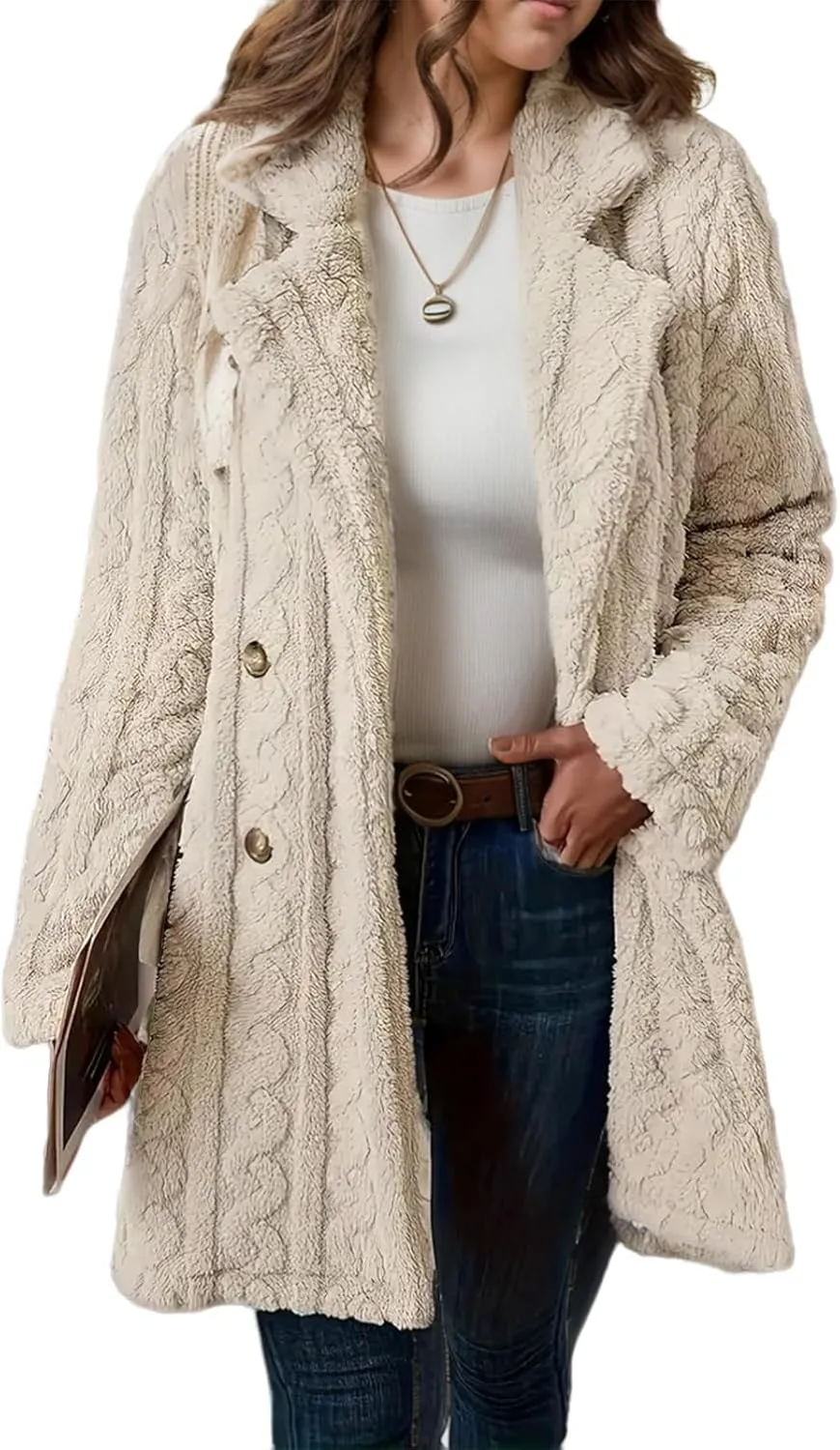 Womens Fuzzy Fleece Jacket Winter Warm Lapel Double Breasted Sherpa Coat Chunky Cable Knit Cardigan Blazer Sweaters