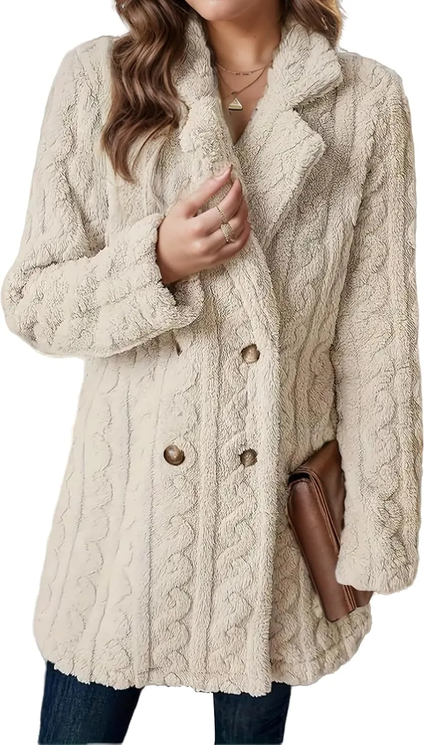 Womens Fuzzy Fleece Jacket Winter Warm Lapel Double Breasted Sherpa Coat Chunky Cable Knit Cardigan Blazer Sweaters