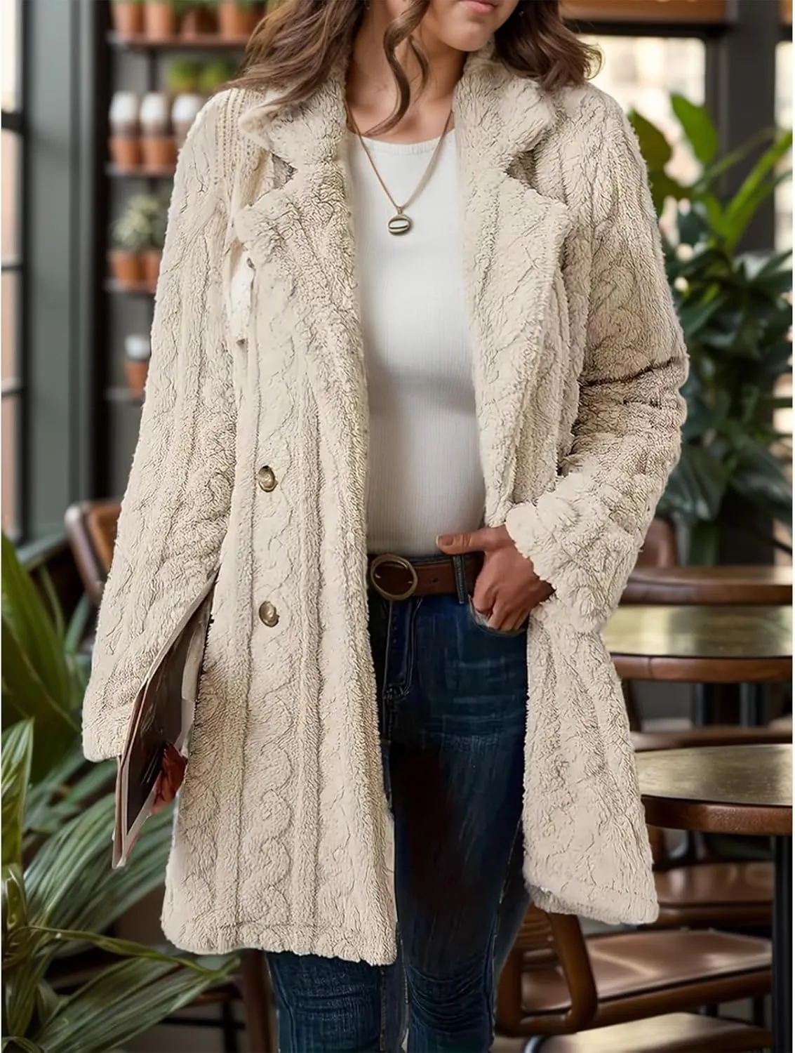 Womens Fuzzy Fleece Jacket Winter Warm Lapel Double Breasted Sherpa Coat Chunky Cable Knit Cardigan Blazer Sweaters