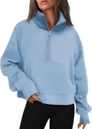 Womens Half Zip Pullover Cropped Oversized Sweatshirt Y2k Fleece Sweater Stand Collar Preppy Clothes with Thumb Holes