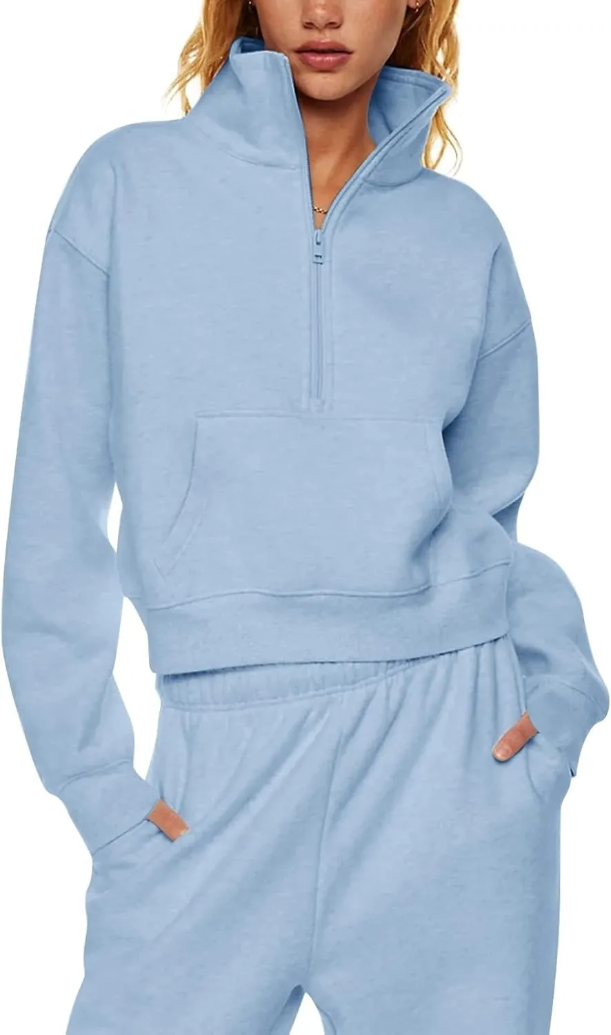 Womens Half Zip Pullover Cropped Oversized Sweatshirt Y2k Fleece Sweater Stand Collar Preppy Clothes with Thumb Holes