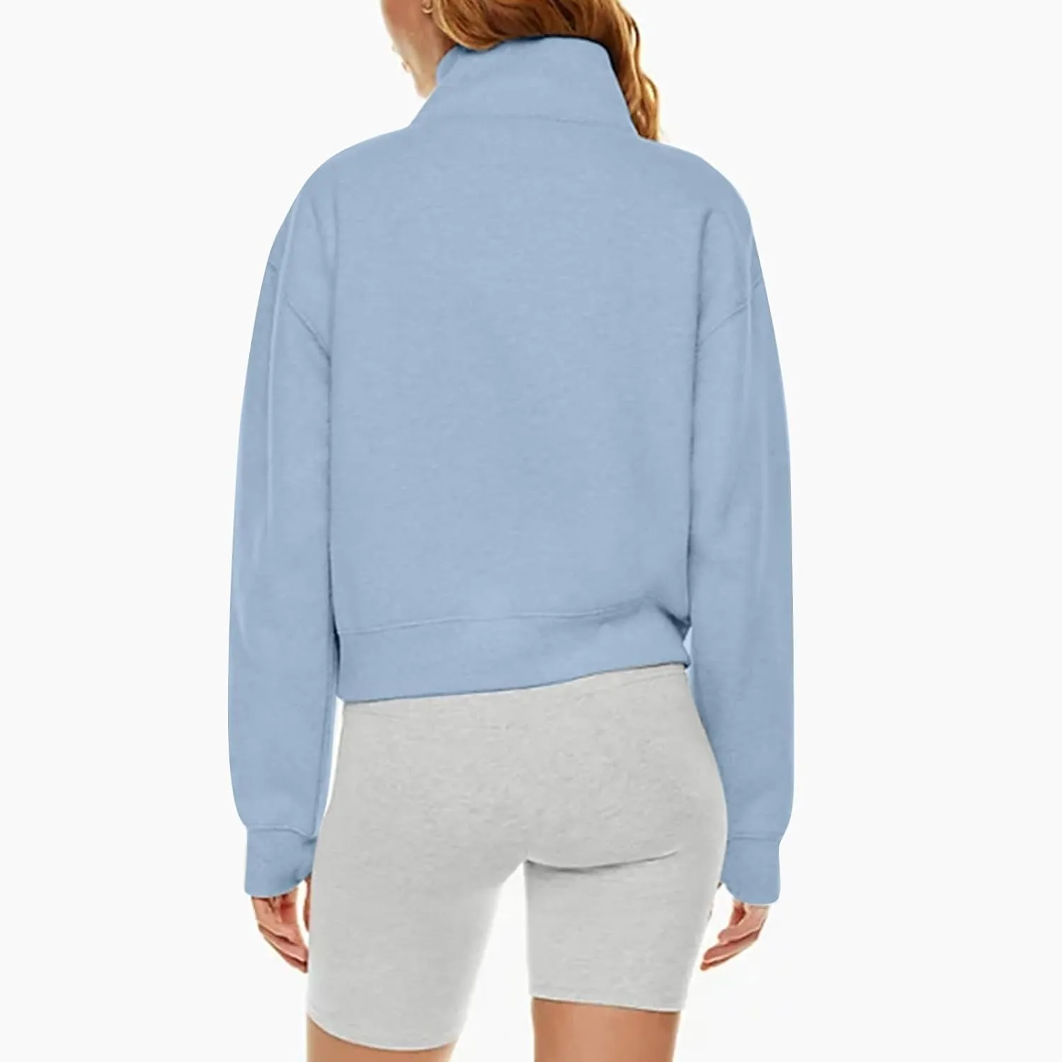 Womens Half Zip Pullover Cropped Oversized Sweatshirt Y2k Fleece Sweater Stand Collar Preppy Clothes with Thumb Holes