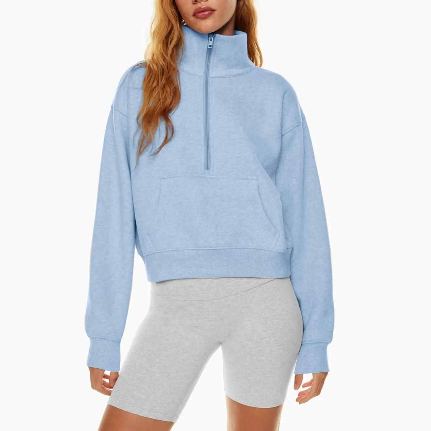 Womens Half Zip Pullover Cropped Oversized Sweatshirt Y2k Fleece Sweater Stand Collar Preppy Clothes with Thumb Holes