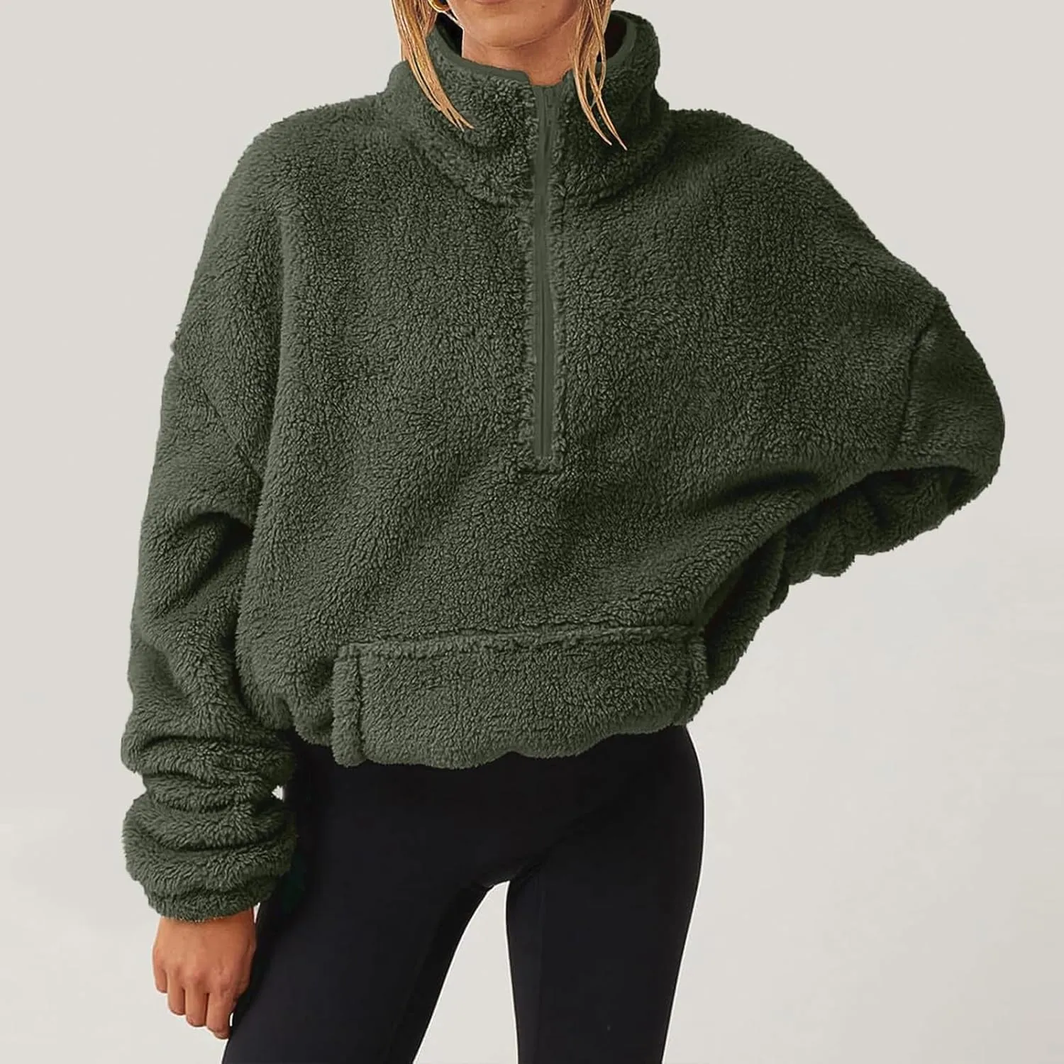 Womens Half Zip Pullover Cropped Sherpa Fuzzy Fleece Sweatshirt Stand Collar Loose Fall Outfits Warm Winter Clothes