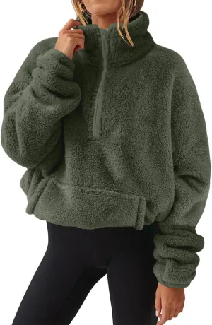 Womens Half Zip Pullover Cropped Sherpa Fuzzy Fleece Sweatshirt Stand Collar Loose Fall Outfits Warm Winter Clothes