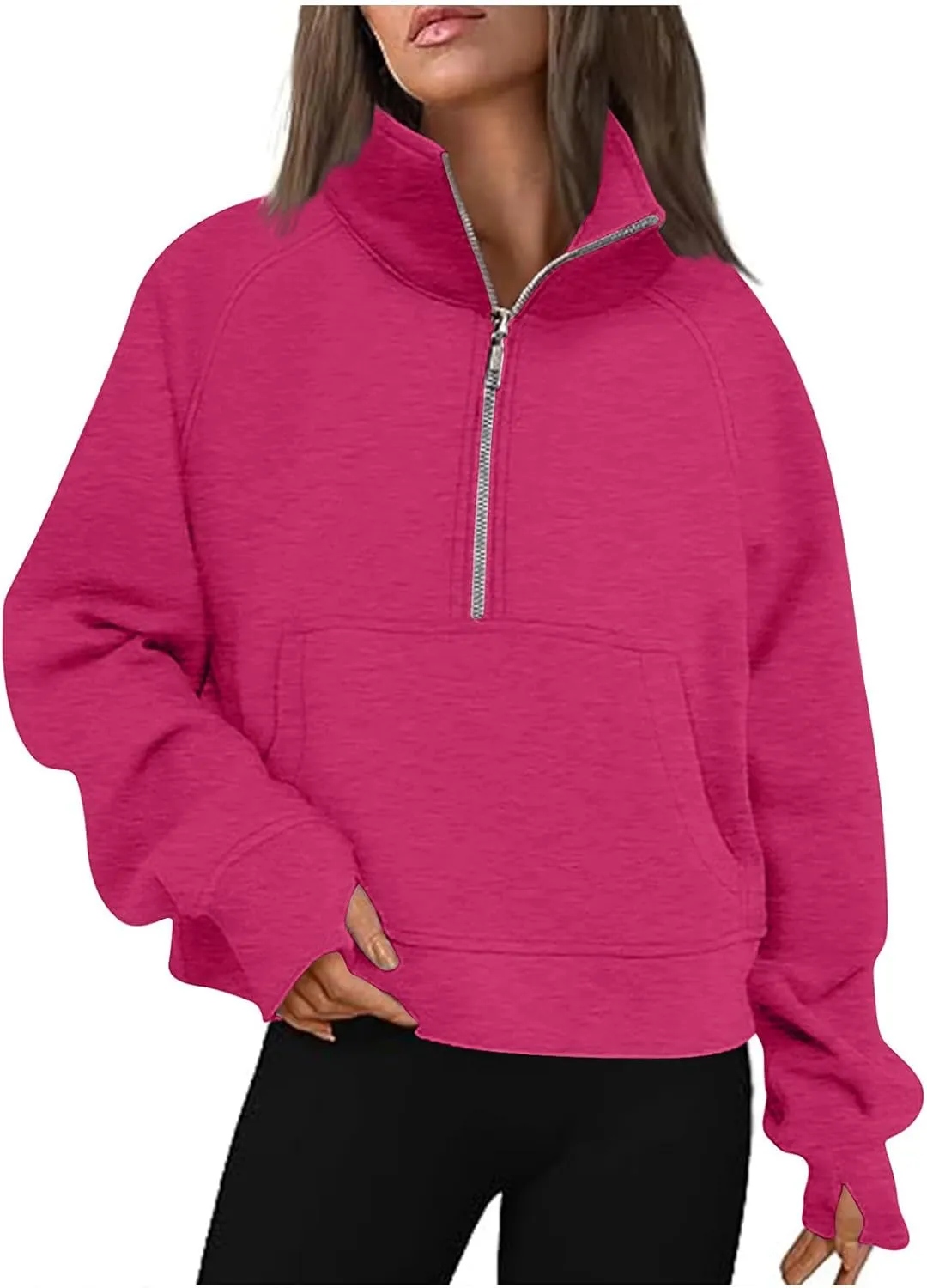 Womens Half Zip Pullover Cropped Sweatshirts Fleece Quarter Zipper Hoodies Workout Sweater Fall Outfits Thumb Hole