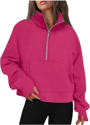 Womens Half Zip Pullover Cropped Sweatshirts Fleece Quarter Zipper Hoodies Workout Sweater Fall Outfits Thumb Hole