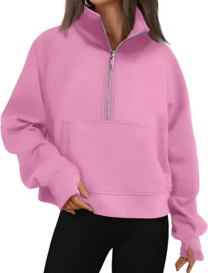Womens Half Zip Pullover Fleece Cropped Sweatshirt Casual Solid Hoodies with Pockets Thumb Hole