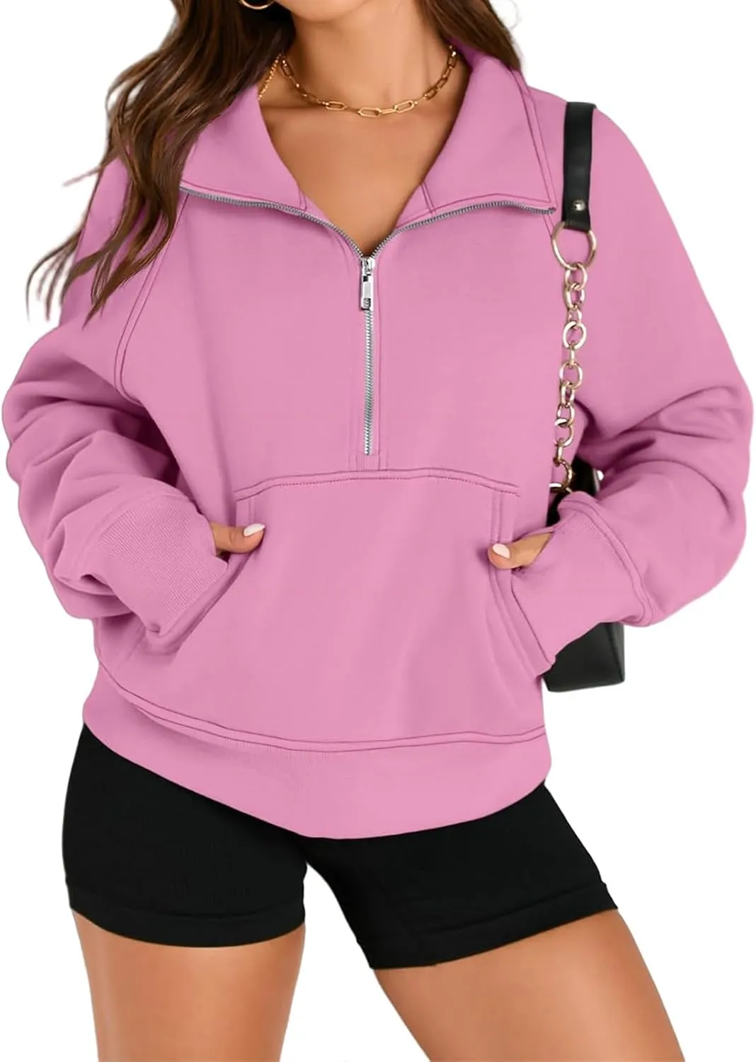 Womens Half Zip Pullover Fleece Cropped Sweatshirt Casual Solid Hoodies with Pockets Thumb Hole