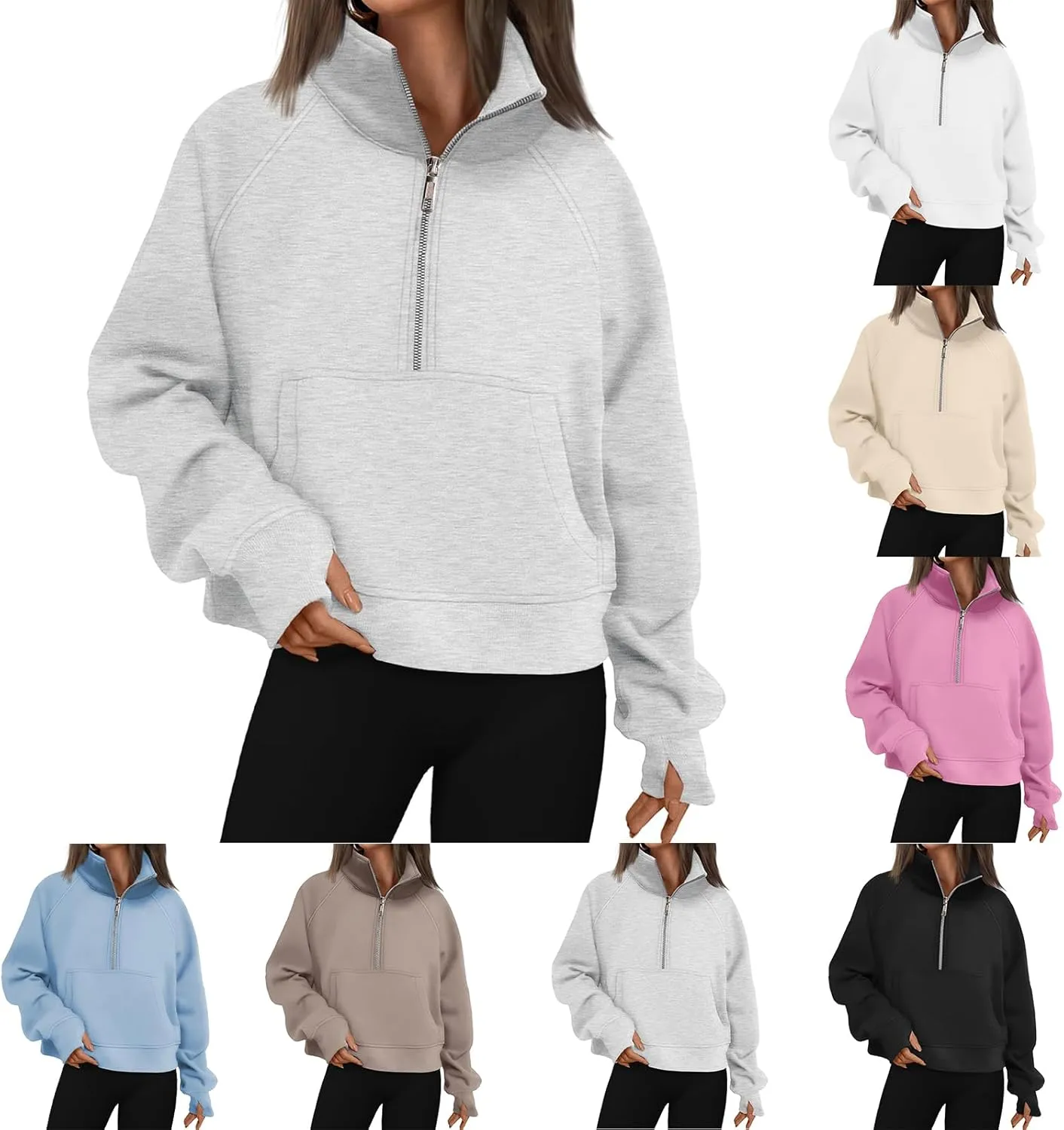 Womens Half Zip Pullover Fleece Cropped Sweatshirt Casual Solid Hoodies with Pockets Thumb Hole