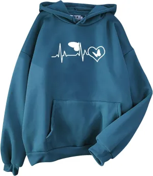 Women's Hoodies Pullover Cute Heart Sweatshirts Long Sleeve Tops with Pockets Loose Hooded Oversized Outerwear