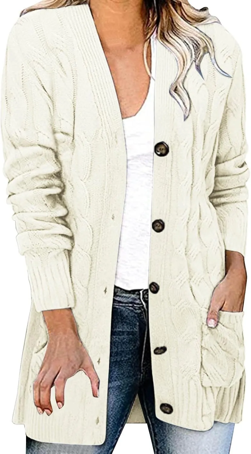 Womens Knit Cardigans Oversized Fall Open Front Button Down Cable Sweaters Loose V Neck Chunky Long Sleeve Outwear Coats