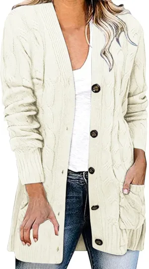 Womens Knit Cardigans Oversized Fall Open Front Button Down Cable Sweaters Loose V Neck Chunky Long Sleeve Outwear Coats