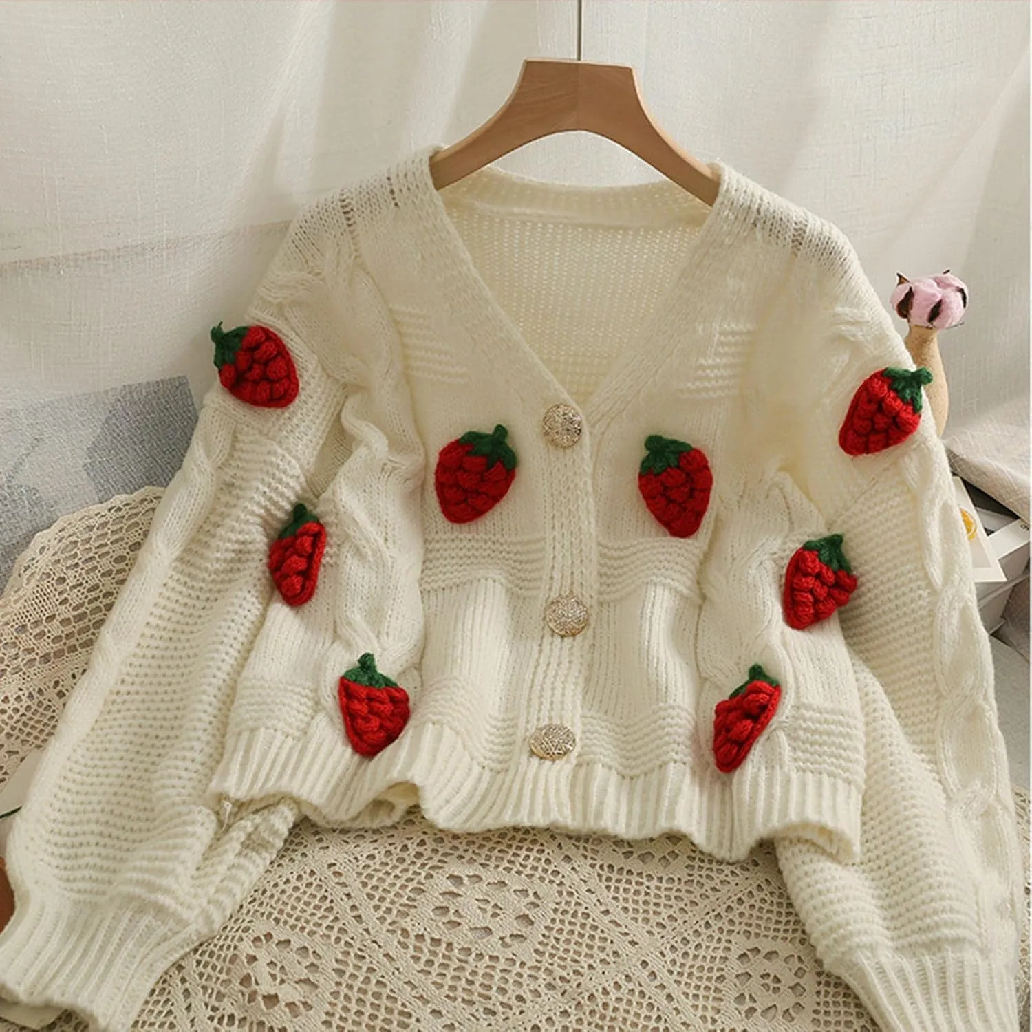 Women's Knit Strawberry Cardigan Cozy Short Chunky Sweater Long Sleeve Swing Bohemian Jackets Sports Utility Boho