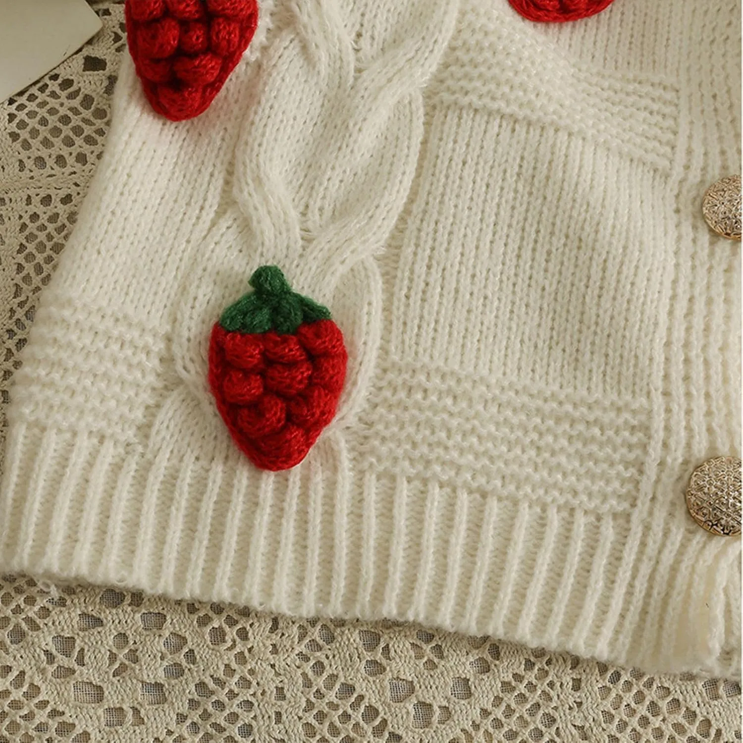 Women's Knit Strawberry Cardigan Cozy Short Chunky Sweater Long Sleeve Swing Bohemian Jackets Sports Utility Boho