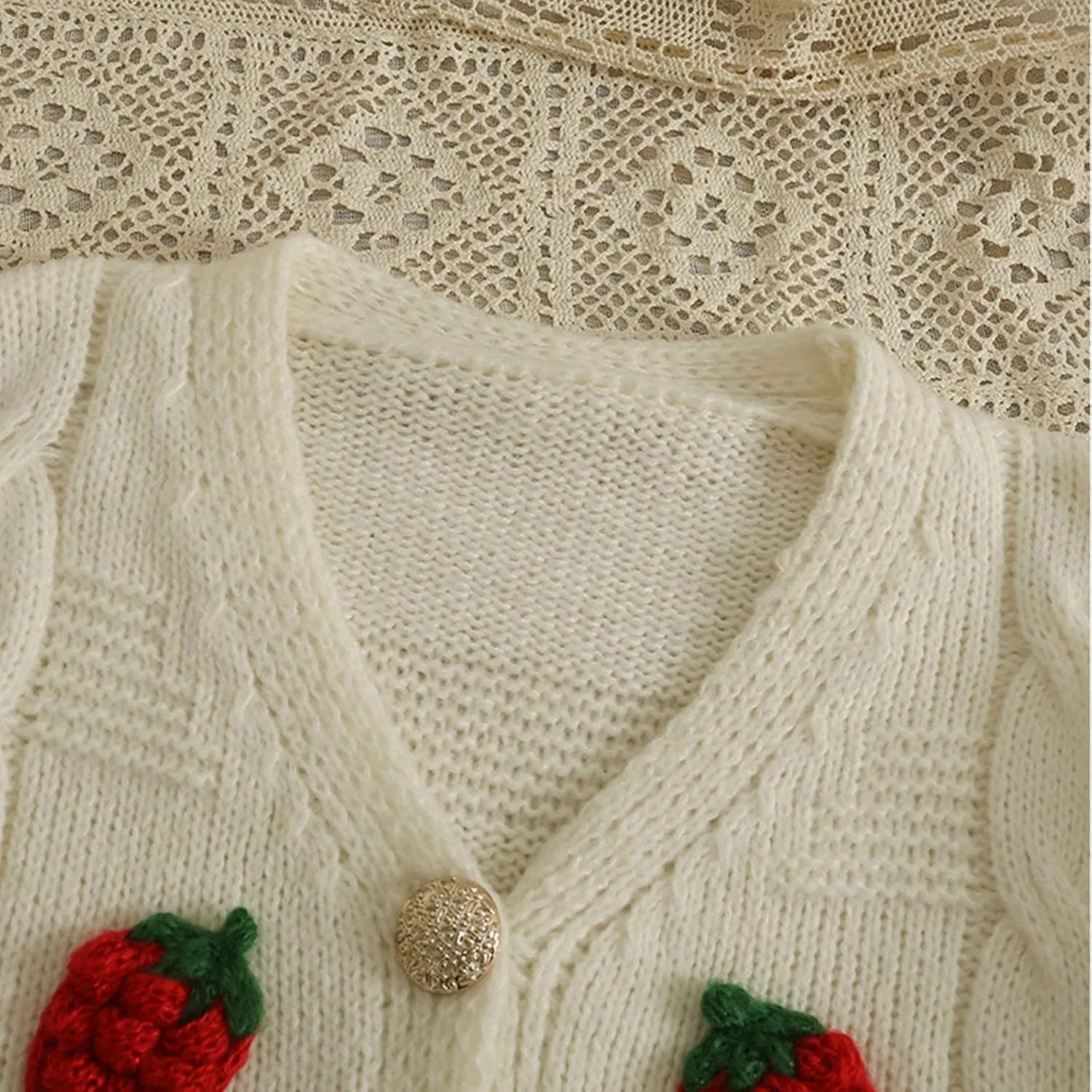 Women's Knit Strawberry Cardigan Cozy Short Chunky Sweater Long Sleeve Swing Bohemian Jackets Sports Utility Boho