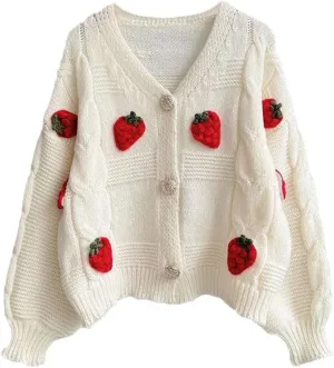 Women's Knit Strawberry Cardigan Cozy Short Chunky Sweater Long Sleeve Swing Bohemian Jackets Sports Utility Boho