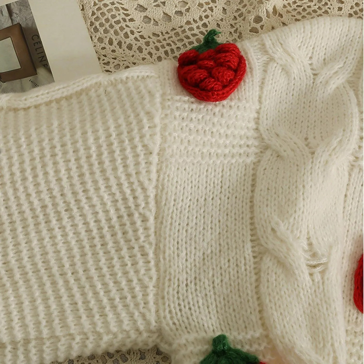 Women's Knit Strawberry Cardigan Cozy Short Chunky Sweater Long Sleeve Swing Bohemian Jackets Sports Utility Boho