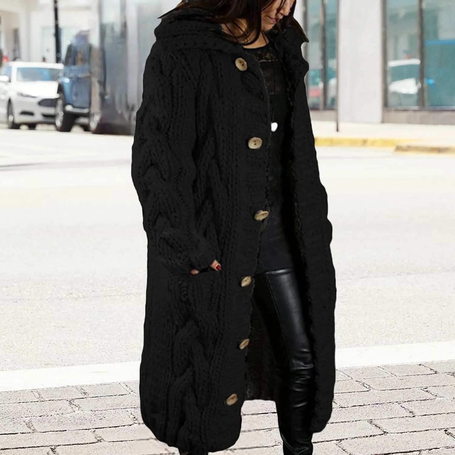 Women's Knitted Plus Size Maxi Hooded Long Cardigans Chunky Cable Thick Sweater Coat Knitted Open Front Cardigan