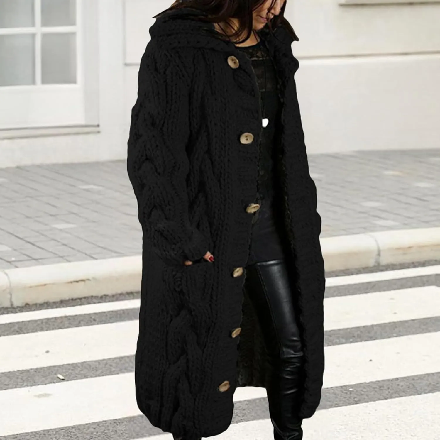 Women's Knitted Plus Size Maxi Hooded Long Cardigans Chunky Cable Thick Sweater Coat Knitted Open Front Cardigan