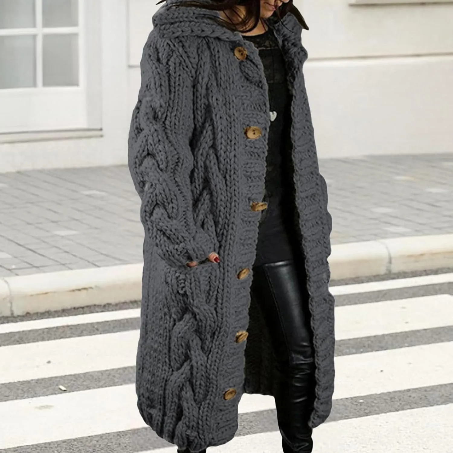Women's Knitted Plus Size Maxi Hooded Long Cardigans Chunky Cable Thick Sweater Coat Knitted Open Front Cardigan