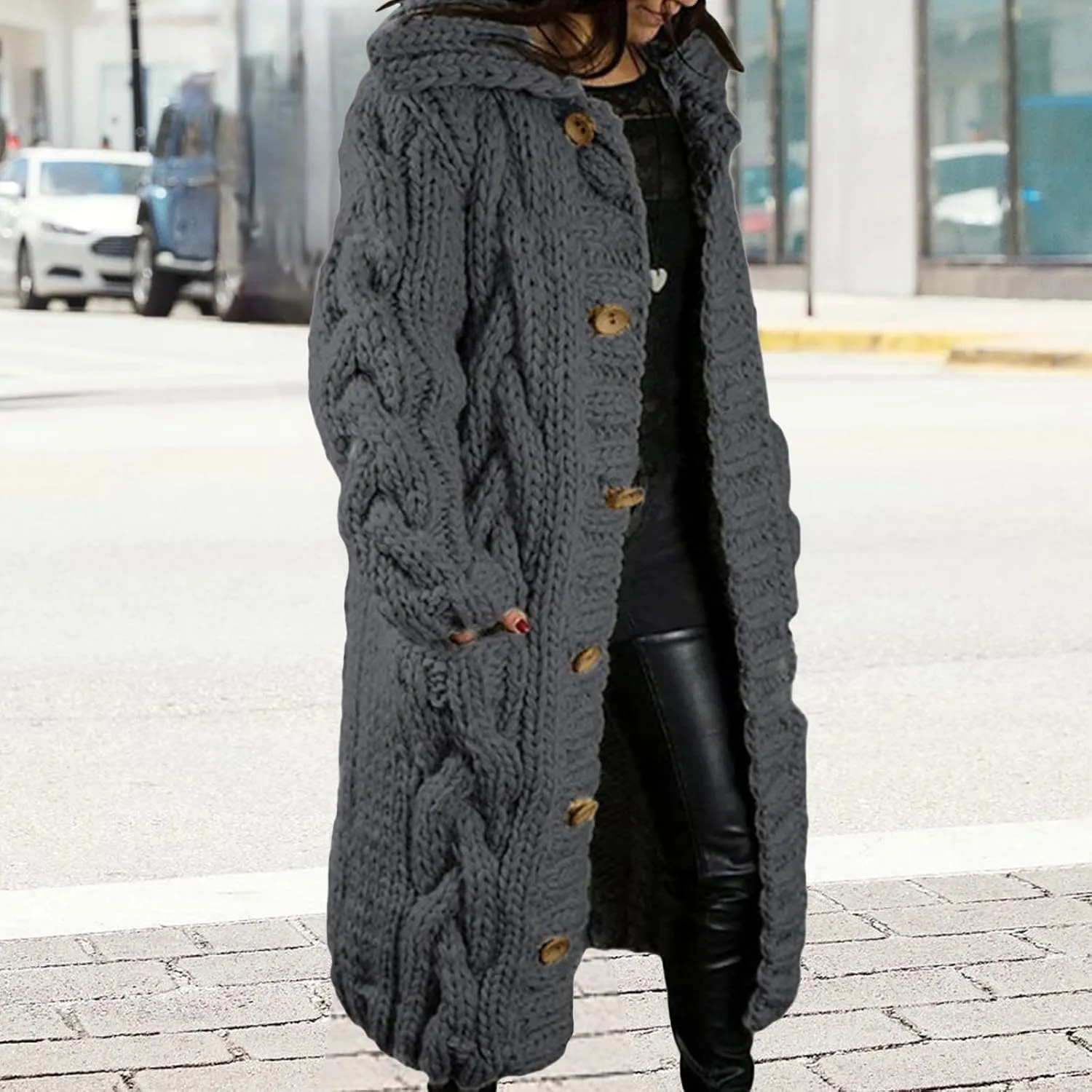 Women's Knitted Plus Size Maxi Hooded Long Cardigans Chunky Cable Thick Sweater Coat Knitted Open Front Cardigan